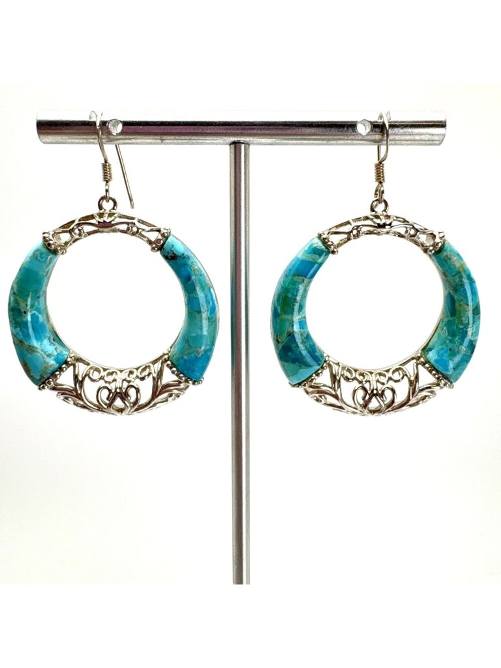 Composite Turquoise & Sterling Silver 925 Dangle Earrings Circle Scroll Design 2